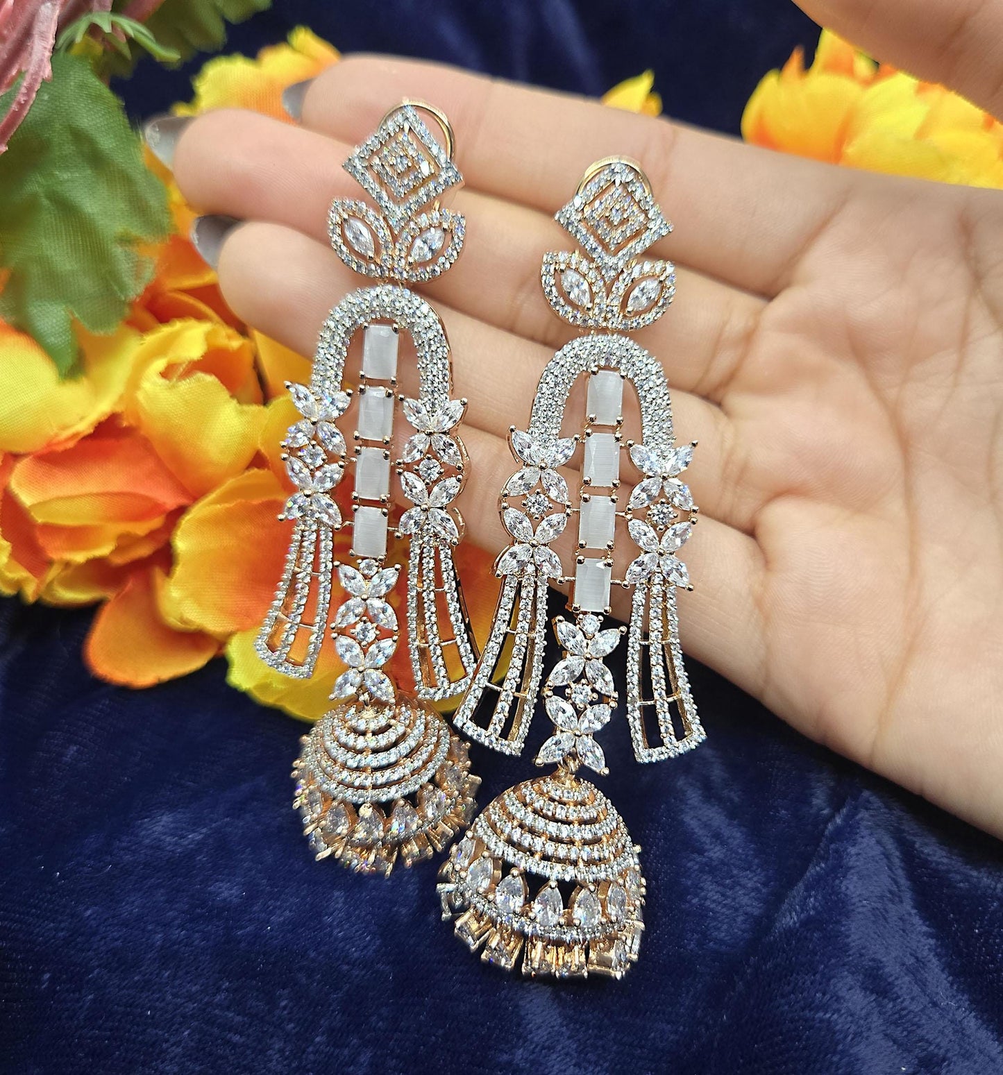 Rose Gold American Diamond Jhumka Earrings | AD Chandelier Long Jhumka earrings | Indian/Punjabi Jhumka | Pakistani Earrings| Gift for her