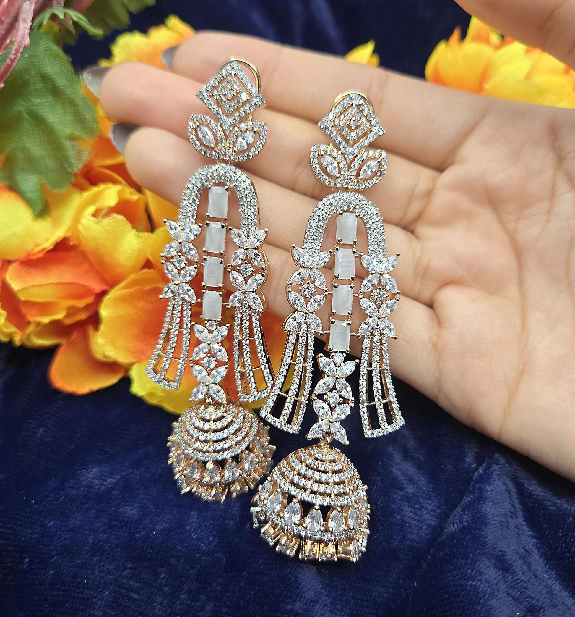 Rose Gold American Diamond Jhumka Earrings | AD Chandelier Long Jhumka earrings | Indian/Punjabi Jhumka | Pakistani Earrings| Gift for her