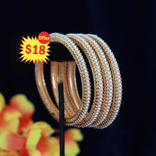 Elegant Gold Plated Pearl Bangles| Set of 4 Moti Wali Chudiyan| Traditional Indian Daily Wear Kada| Women's Festive Bracelets| Gift for her