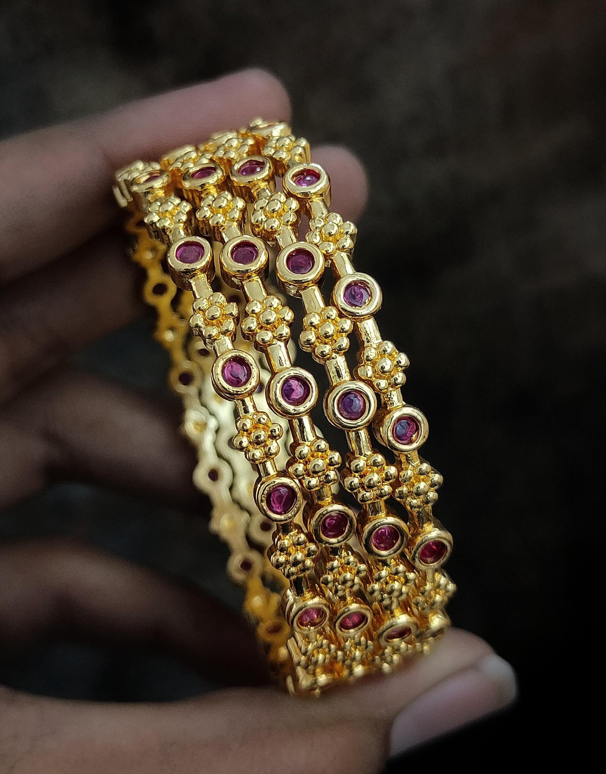 Gold plated Bangles with Pink stones Set of 4| South Indian style Floral design bangles| Daily-wear Statement bangles| Stylish Gift for her