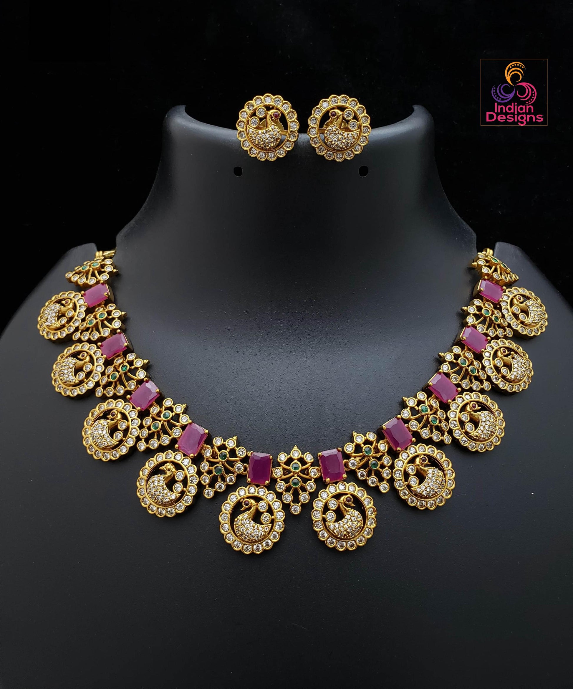 Traditional Gold Plated Peacock Necklace Set| Ruby Green Stone Matte Finish Jewelry| South Indian Temple Jewelry| Wedding Choker & Studs