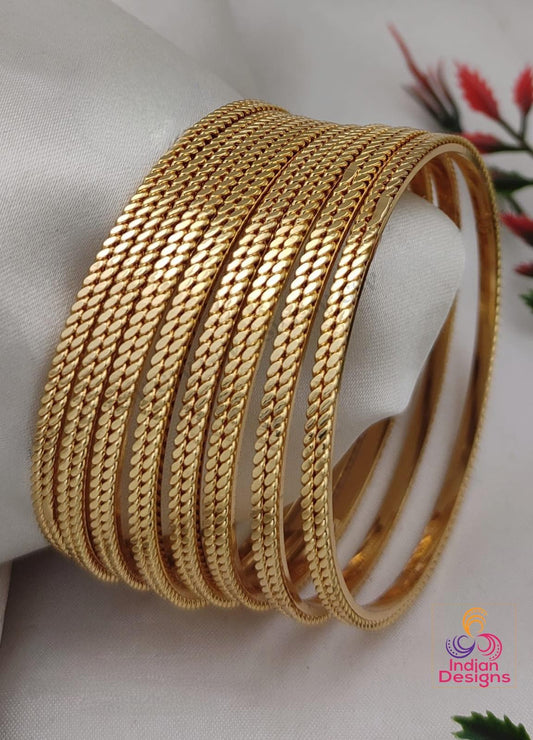 Classic Gold Plated Bangles Set of 8| Traditional Indian Daily Wear Bangles| Simple Textured Bracelets| Affordable Jewelry|Stackable Bangles