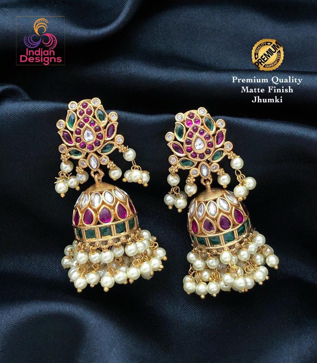 Matte Gold Finish Jhumki Earrings| Traditional Green Stone Jhumkas| Ruby Green Pearl Drop Jhumka| Antique Look Temple Jewelry| Gift for her
