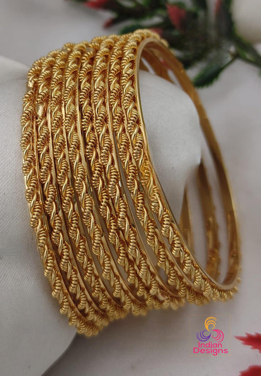 Twisted Rope Design Gold Plated Bangles| Traditional Indian Daily Wear Bangles| Set of 8 Textured Kada| Affordable Jewelry|Stackable Bangles
