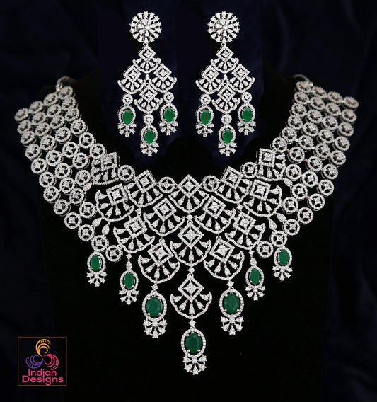 American Diamond Gold Plated CZ Necklace Set| Ruby Emerald Green Stone Choker| Floral Motif Jewelry| Traditional Indian Wedding Party Wear