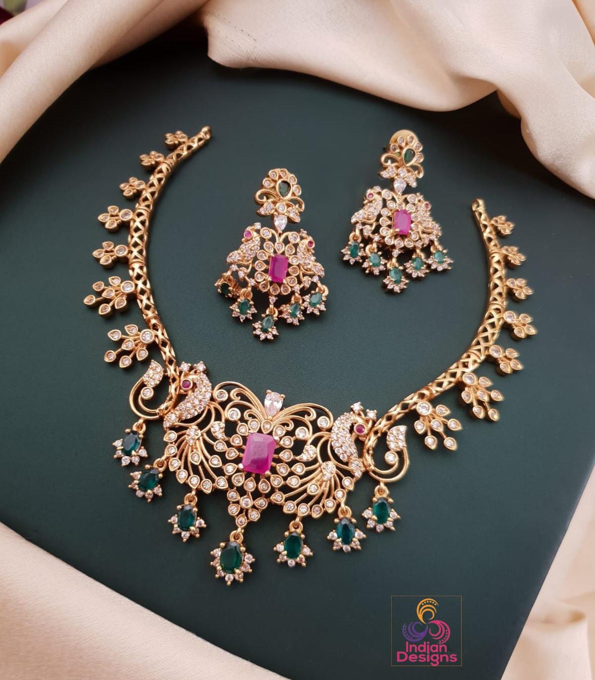 Matte Gold Plated Temple Jewelry Necklace Set| Indian Ruby Emerald Choker with Peacock Design Earrings| Traditional Festive & Bridal