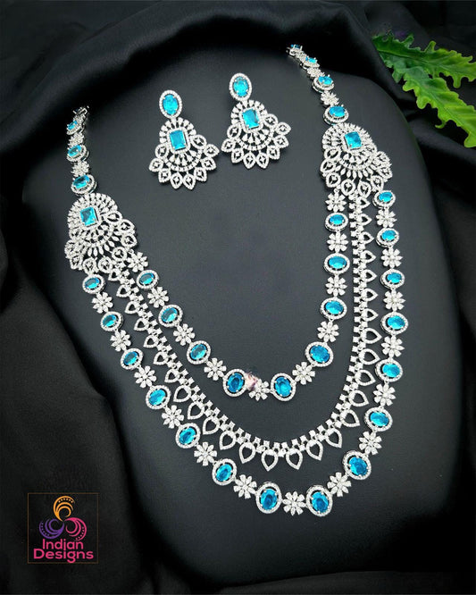 Layered AD Stone Necklace Set| American Diamond Long Layering Necklace with Green/Blue stones| Indian Bridal Party Jewelry| Gift For Her