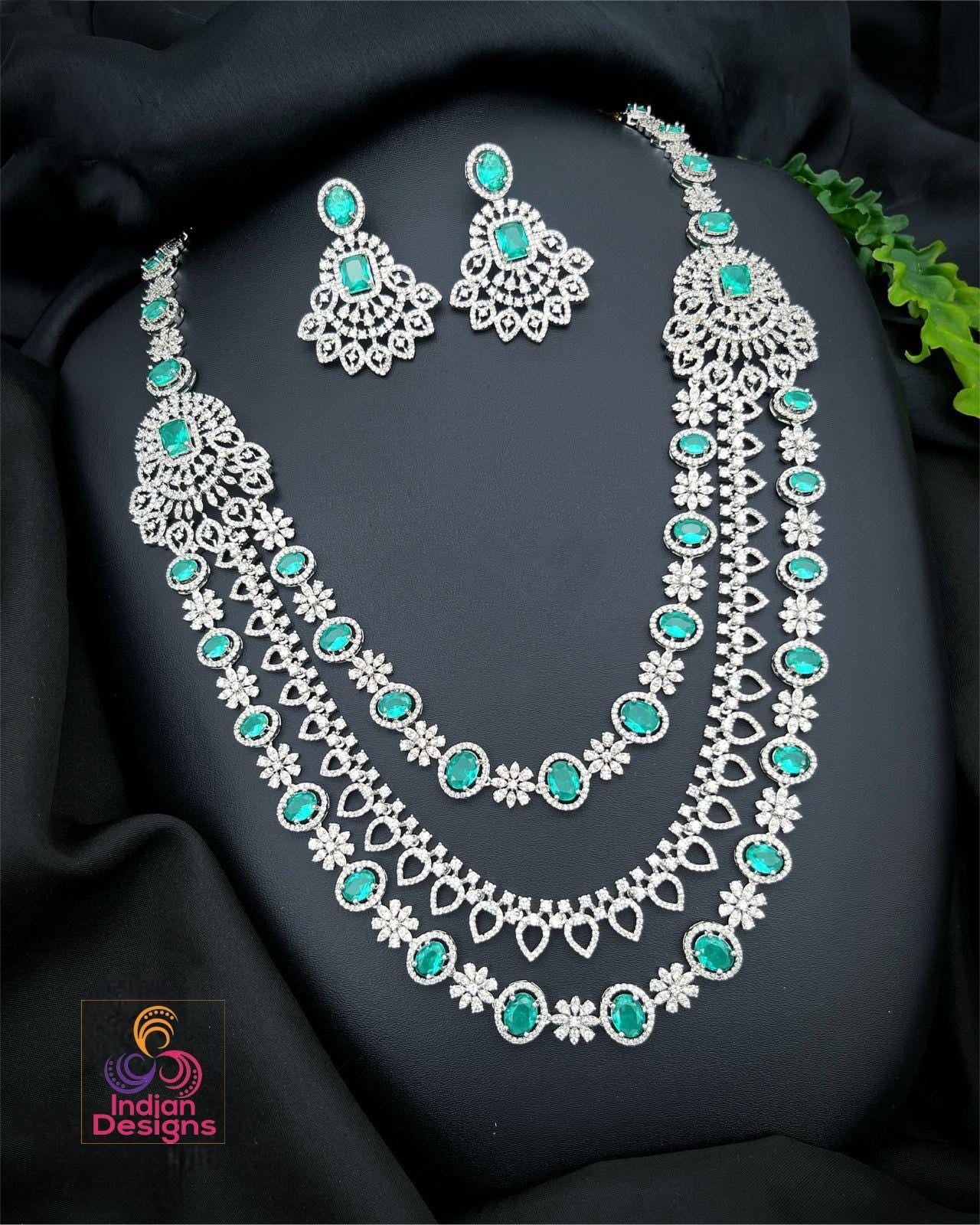 Layered AD Stone Necklace Set| American Diamond Long Layering Necklace with Green/Blue stones| Indian Bridal Party Jewelry| Gift For Her