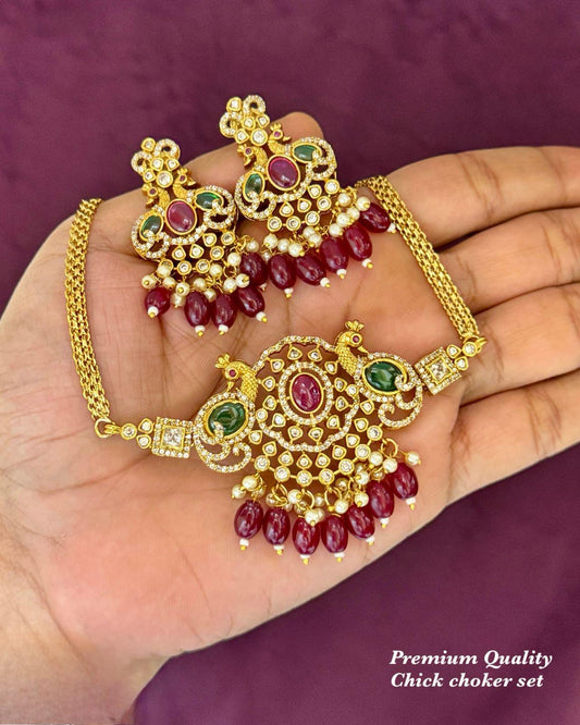 Peacock Design Choker Necklace Set with Matching Earrings|Gold Plated Chick Choker Necklace Set| South Indian Bridal Jewelry| Gift for her