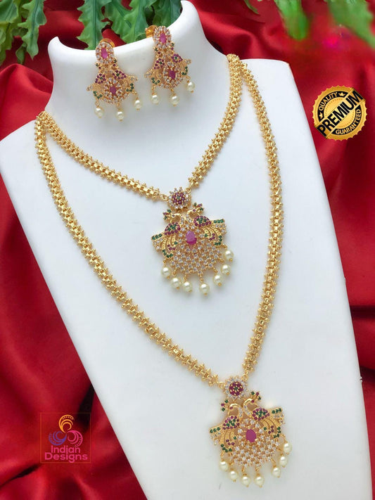 Gold Plated American Diamond CZ Haram Long & short necklace combo| South Indian Wedding Jewelry| AD Stone Ruby Emerald Pearl Drop Jewelry