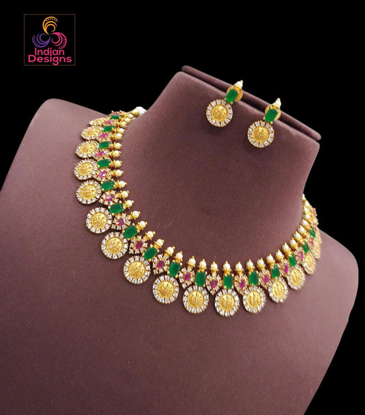 South Indian Coin Necklace Set| Traditional Gold Plated Kasumala with Ruby Emerald Stones|Temple Jewelry Wedding & Festive Wear|Gift for her
