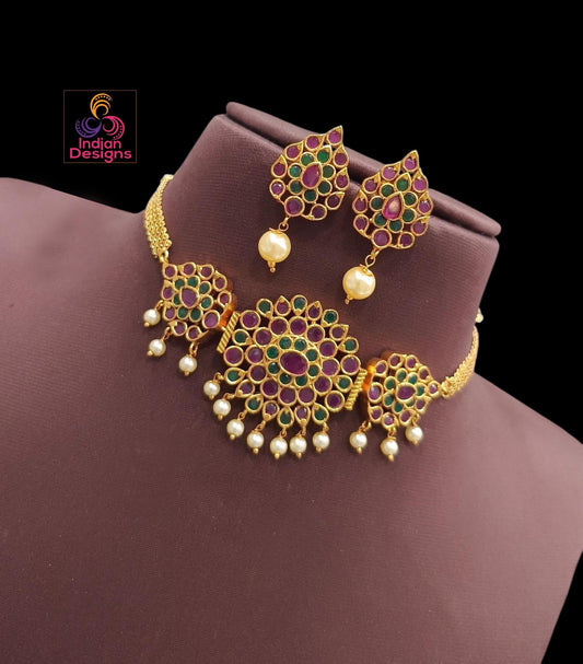 Indian Ruby Emerald Choker Set| Gold Plated Pearl Drop Traditional Jewelry| Festive Wedding Leaf Motif South Indian Necklace| Gift for her