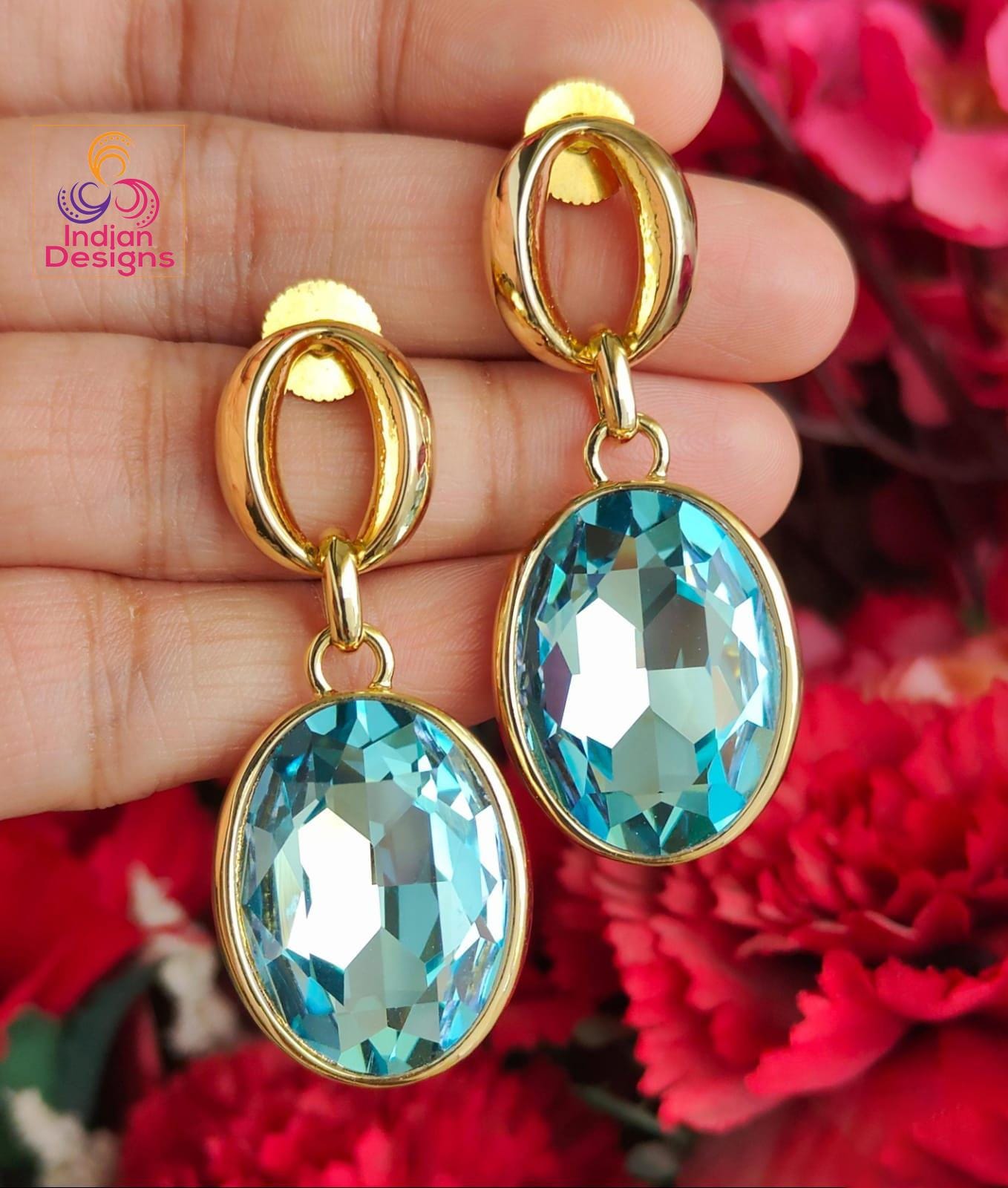 Gold Plated Oval Dangle Earrings |Blue Aquamarine or Pink Lavender Stone Drop Earrings |Everyday Earrings| Minimalist Jewelry Gift for Her