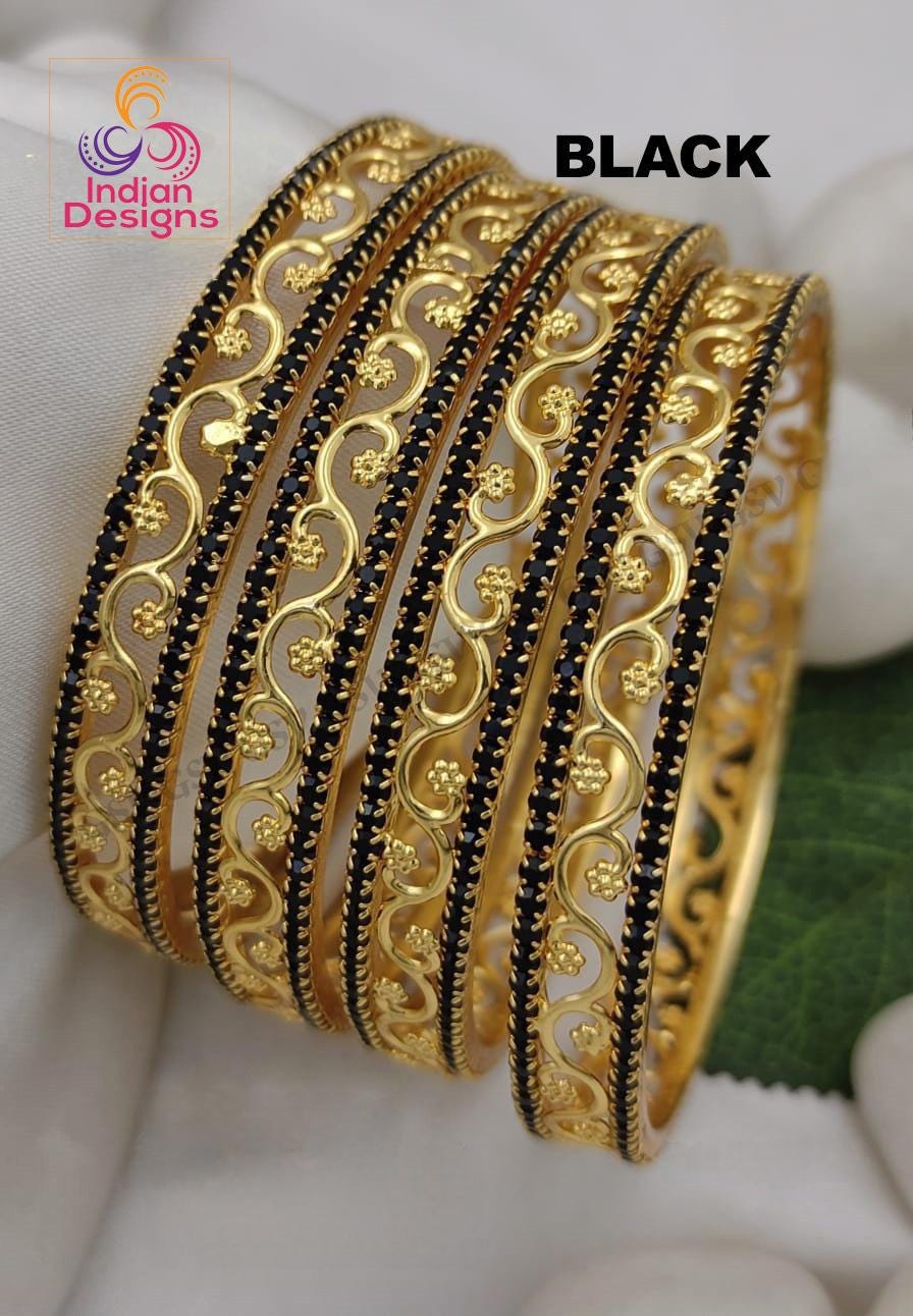 One Gram Gold Black Stone Bangles Set| Traditional Filigree Scrollwork Kada Bracelets| Party Wear AD stone Bangles set of 4| Gift For her