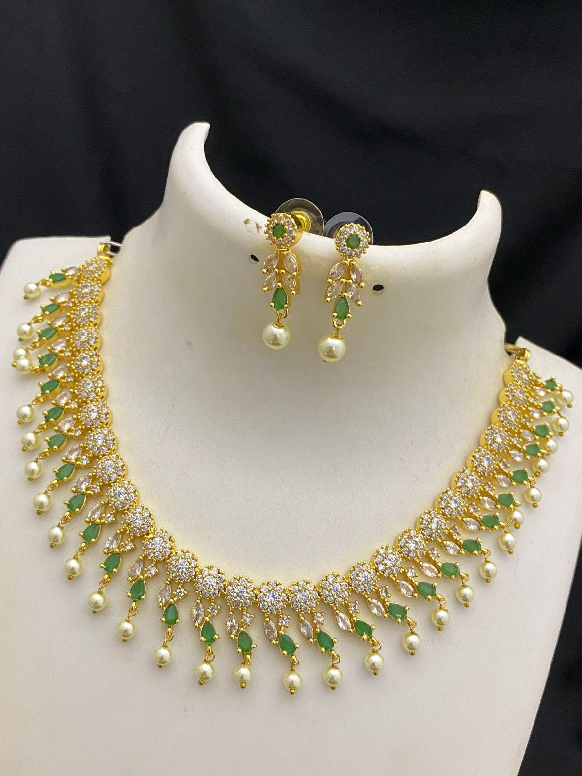 American diamond necklace set | Indian bridal necklace set online | gold-plated AD necklace set with earrings | Multi color crystal necklace
