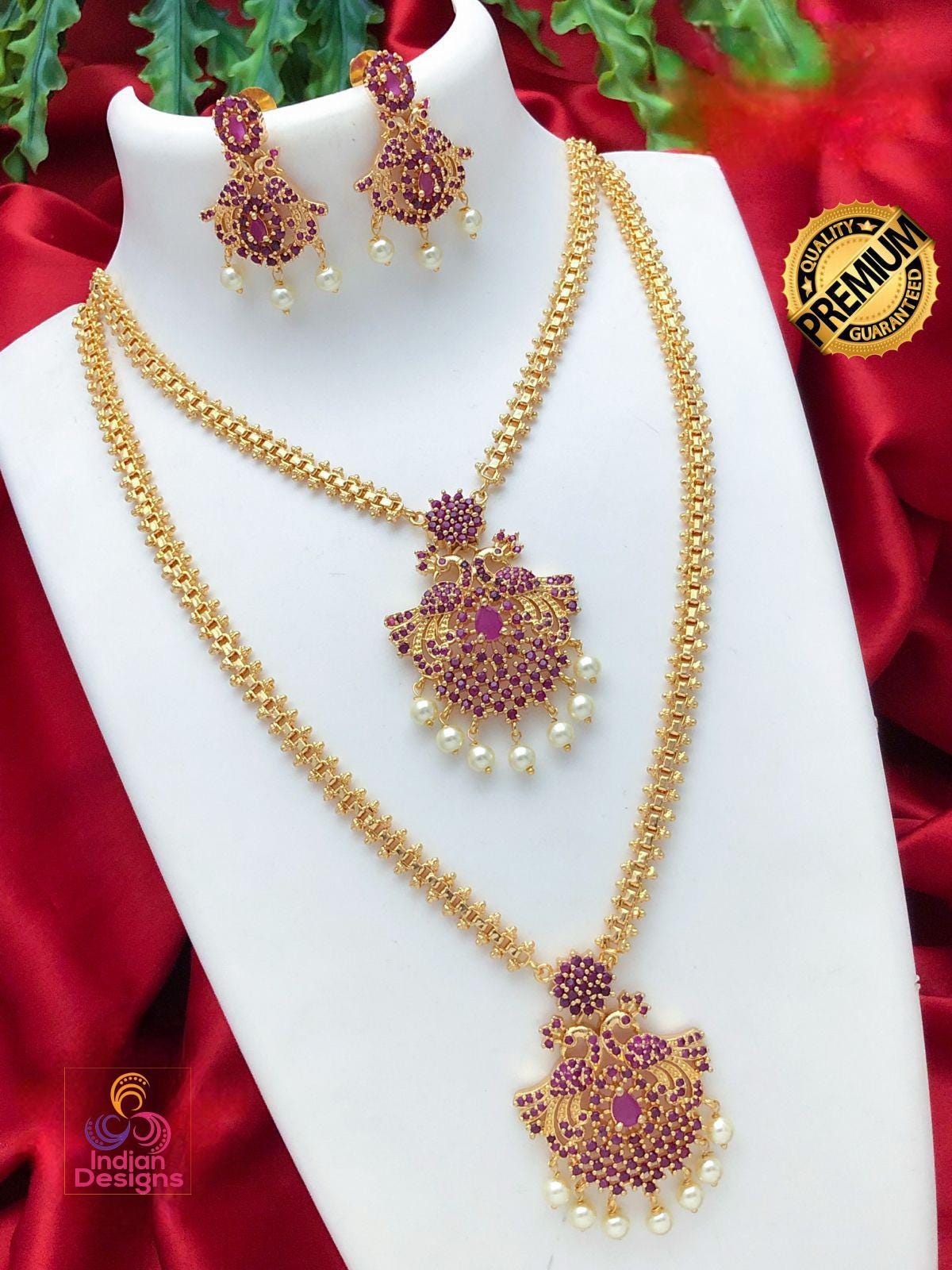 Gold Plated American Diamond CZ Haram Long & short necklace combo| South Indian Wedding Jewelry| AD Stone Ruby Emerald Pearl Drop Jewelry