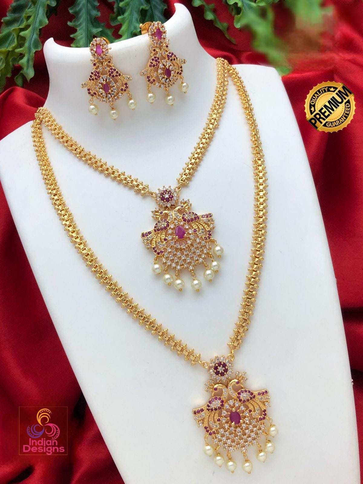 Gold Plated American Diamond CZ Haram Long & short necklace combo| South Indian Wedding Jewelry| AD Stone Ruby Emerald Pearl Drop Jewelry