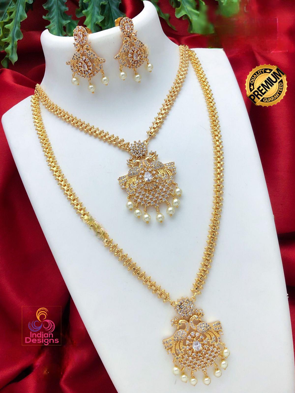 Gold Plated American Diamond CZ Haram Long & short necklace combo| South Indian Wedding Jewelry| AD Stone Ruby Emerald Pearl Drop Jewelry