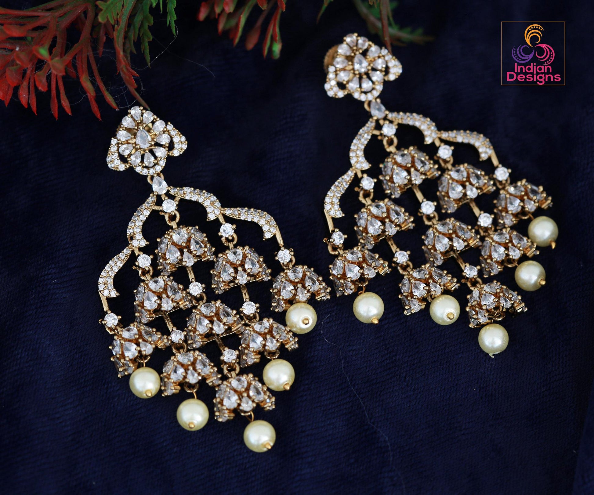 Indian Jhumka Earrings| Dull Gold AD Stone Dangle Chandbali| Pearl Drop Wedding & Festive Jewelry| Statement Earrings| Wedding Earrings