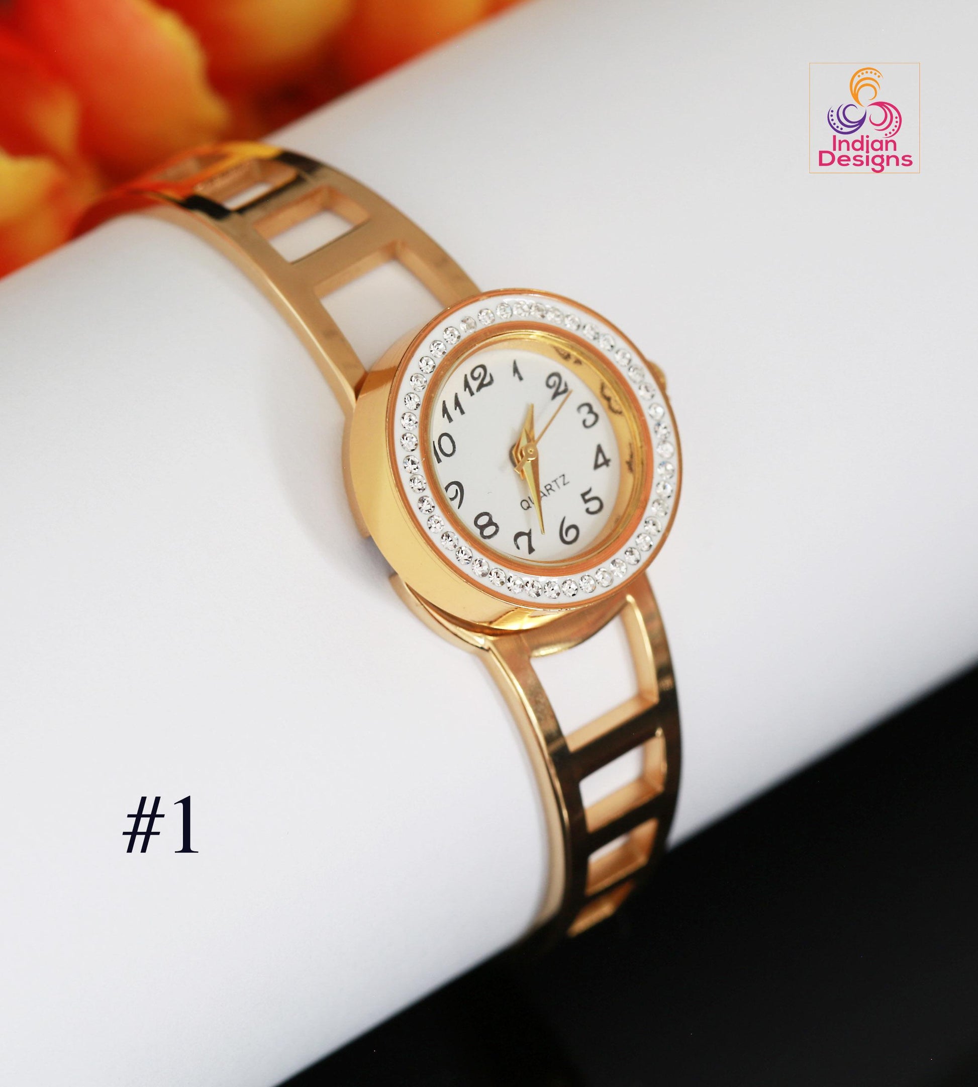 Gold Plated Cuff Bracelet Watch| AD Stone Analog Bangle| Multi-Color Ruby Emerald Statement Watch| Statement Watch| Indian Wedding Gift