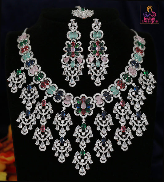 Grand Bridal & Wedding Statement Jewelry| AD Stone Choker Necklace| Multi Stone Diamond Replica Cocktail Jewelry| Modern Indian Wedding Set