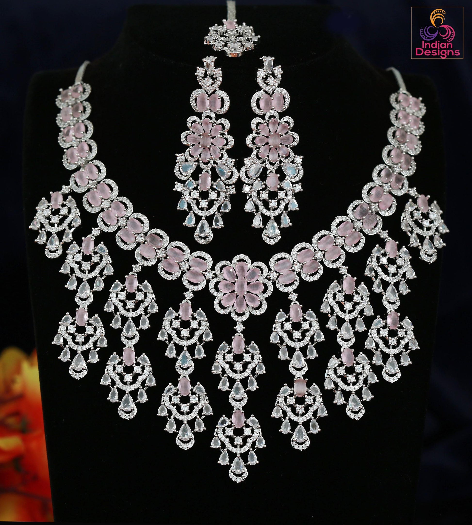 Wedding Choker Necklace Set with Earrings & Maang tikka| Pink Stone CZ Bridal Jewelry| American Diamond Statement Necklace| Party wear set