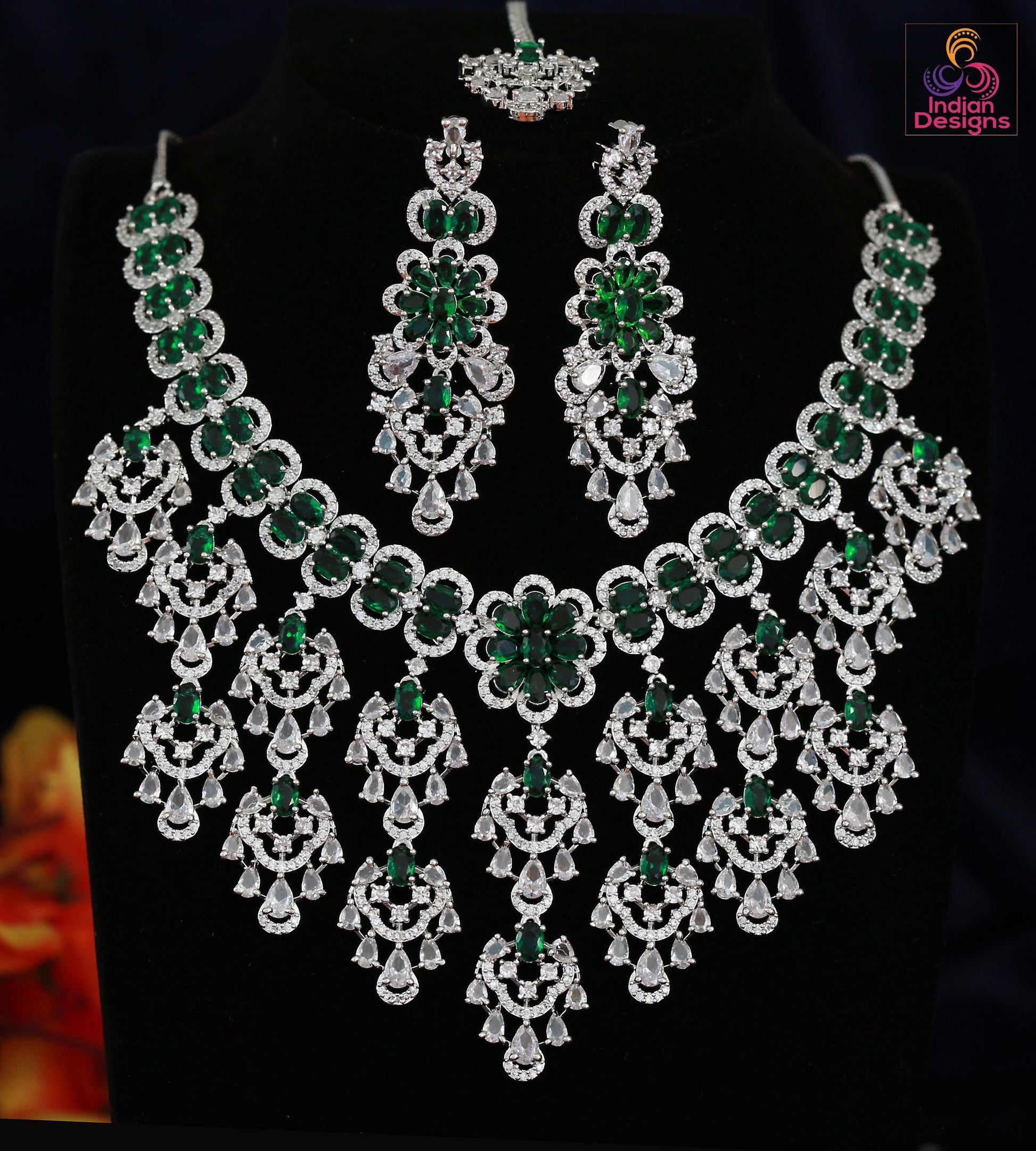 CZ Diamond Emerald Necklace Set| American Diamond Necklace set with floral design| Statement Jewelry| Bollywood Style Indian Wedding jewelry