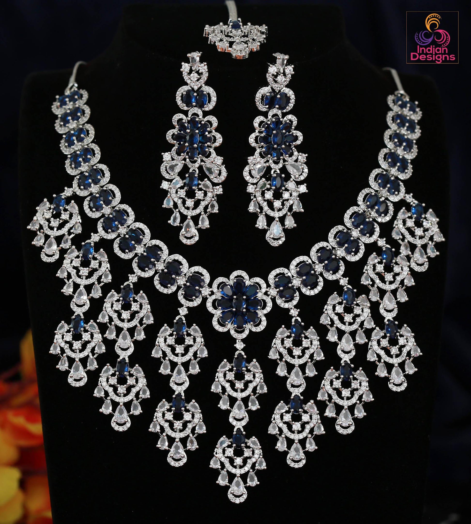 CZ Diamond Emerald Necklace Set| American Diamond Necklace set with floral design| Statement Jewelry| Bollywood Style Indian Wedding jewelry