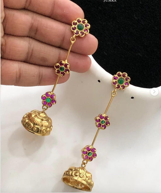 Matte Gold Long Jhumka Earrings with Floral Design| Antique Finish Indian Earrings | Traditional Wedding Statement Ethnic Dangler Earrings