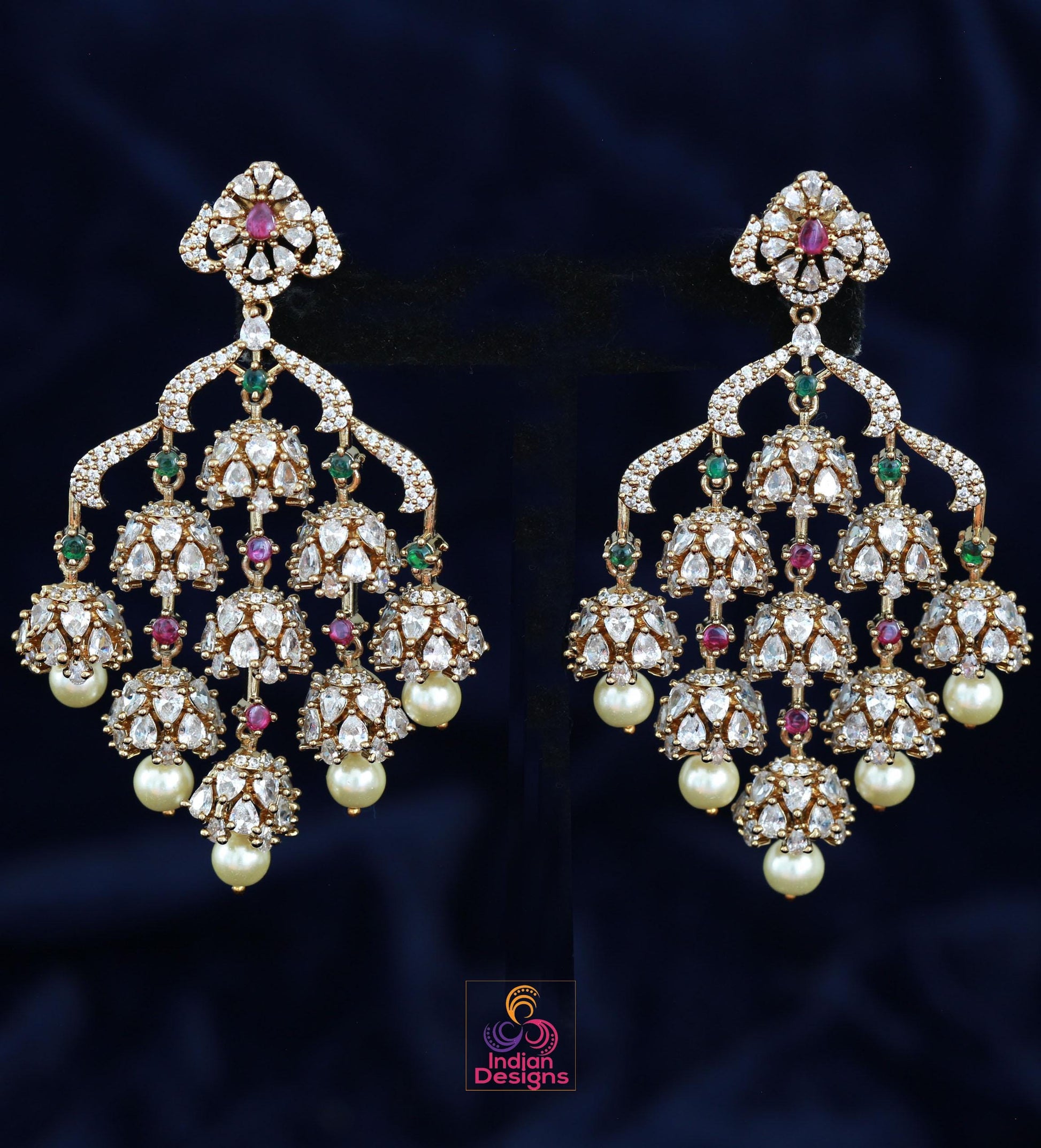 Indian Jhumka Earrings| Dull Gold AD Stone Dangle Chandbali| Pearl Drop Wedding & Festive Jewelry| Statement Earrings| Wedding Earrings