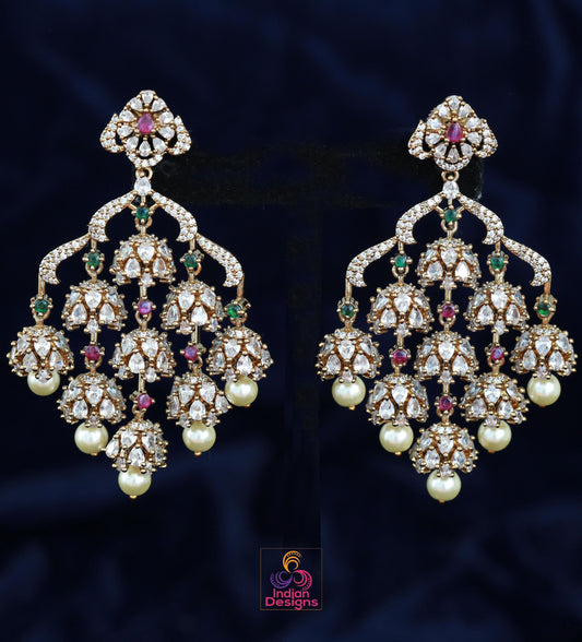 Indian Jhumka Earrings| Dull Gold AD Stone Dangle Chandbali| Pearl Drop Wedding & Festive Jewelry| Statement Earrings| Wedding Earrings