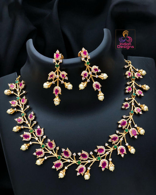AD Stone & Pearl Indian Jewelry| American Diamond Ruby, Emerald Bridal Necklace| Gold Plated Wedding Set| Statement necklace| Gift for her