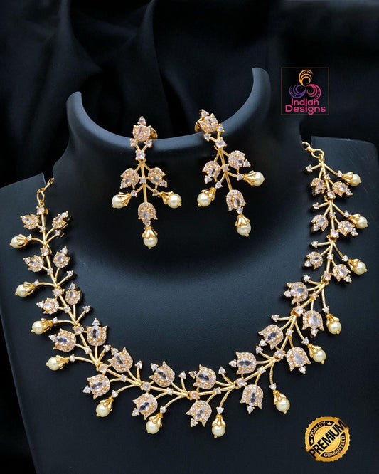 AD Stone & Pearl Indian Jewelry| American Diamond Ruby, Emerald Bridal Necklace| Gold Plated Wedding Set| Statement necklace| Gift for her