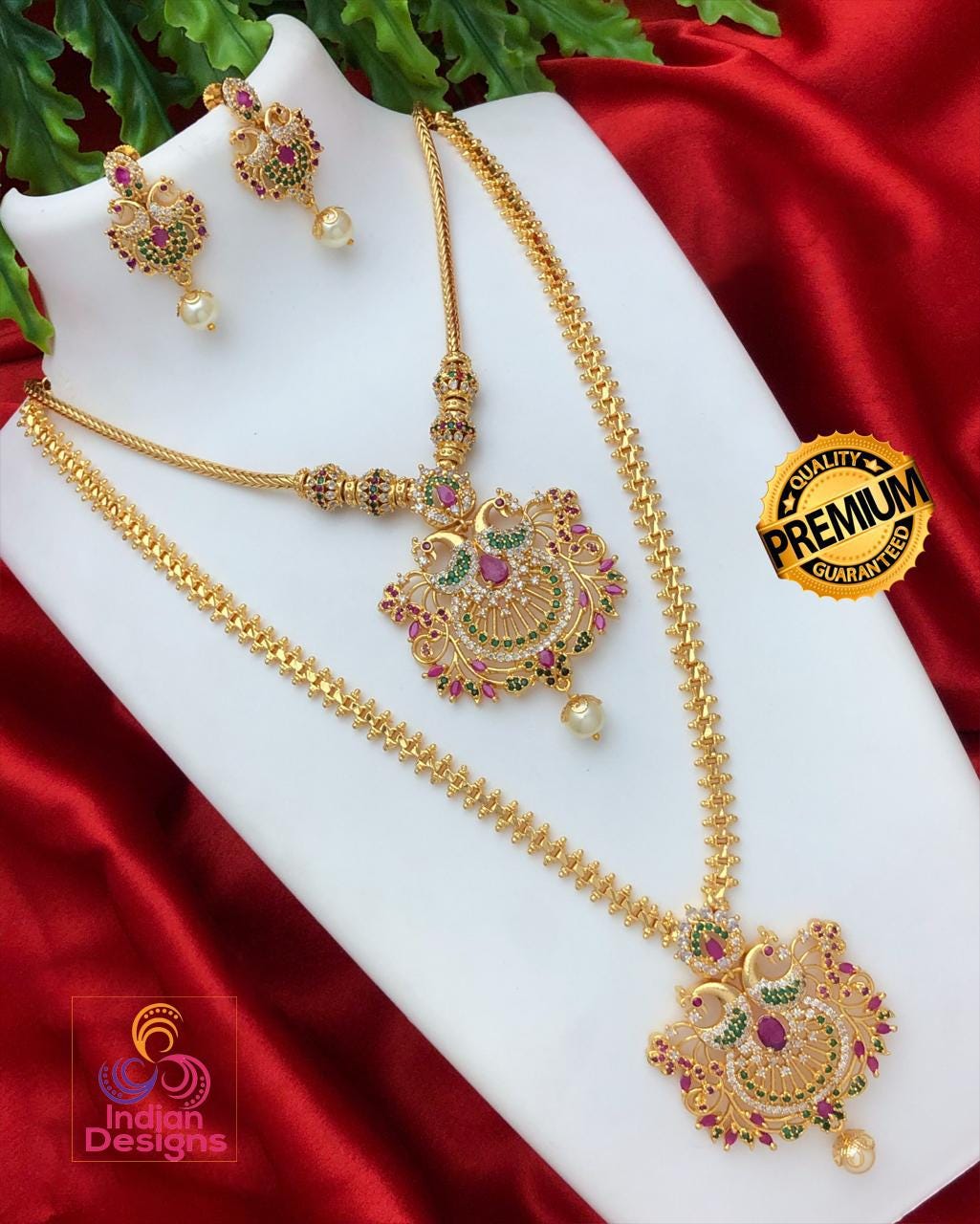 Gold tone American Diamond CZ Haram Long and short necklace combo, South Indian Wedding Jewelry set, Bollywood fashion Jewelry, Gift for Her