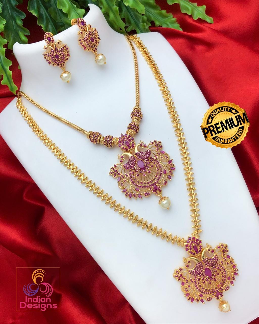 Gold tone American Diamond CZ Haram Long and short necklace combo, South Indian Wedding Jewelry set, Bollywood fashion Jewelry, Gift for Her