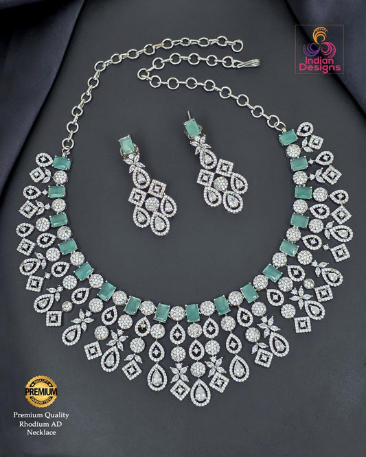 Grand Rhodium Plated Necklace Set| Intricate Diamond Look Choker| American Diamond Ethnic Bridal Jewelry| Silver Tone AD Party Wear Necklace