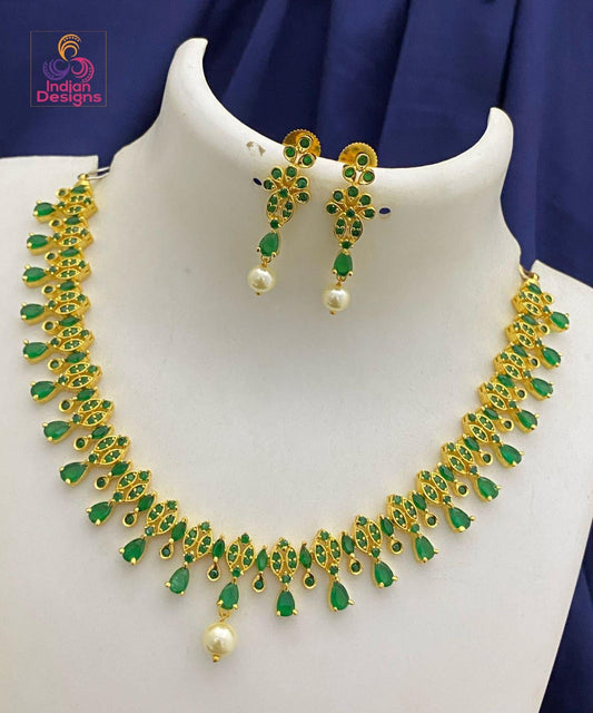 Traditional Indian Gold Plated Choker Set| Ruby Green AD Stone Indian Wedding Jewelry| Minimalist American Necklace & Earrings| Gift For her