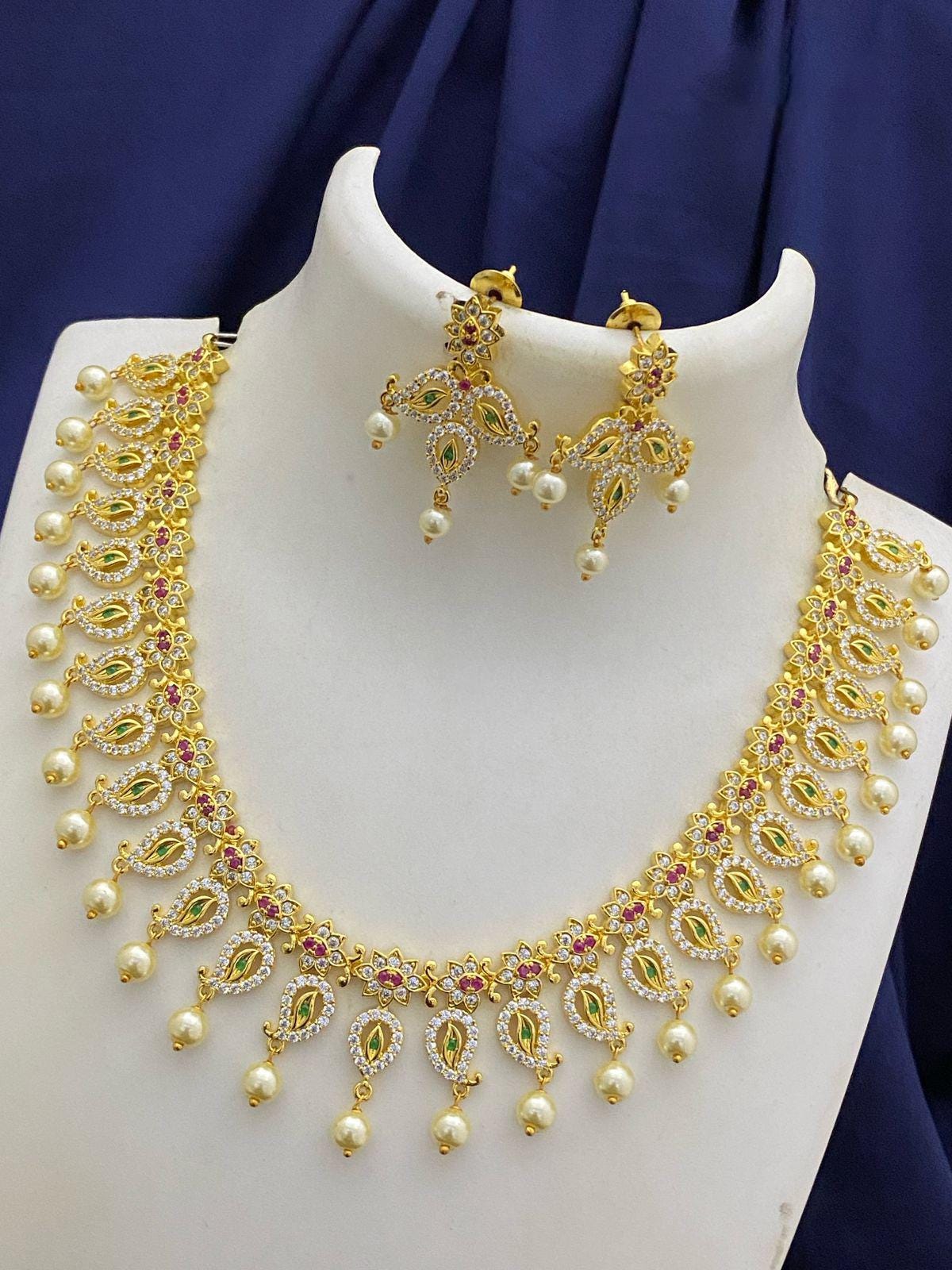 Gold Plated American Diamond Necklace Set| Ruby and Emerald Stone Indian Jewelry| South Indian Wedding Jewelry|CZ necklace set| Gift For her