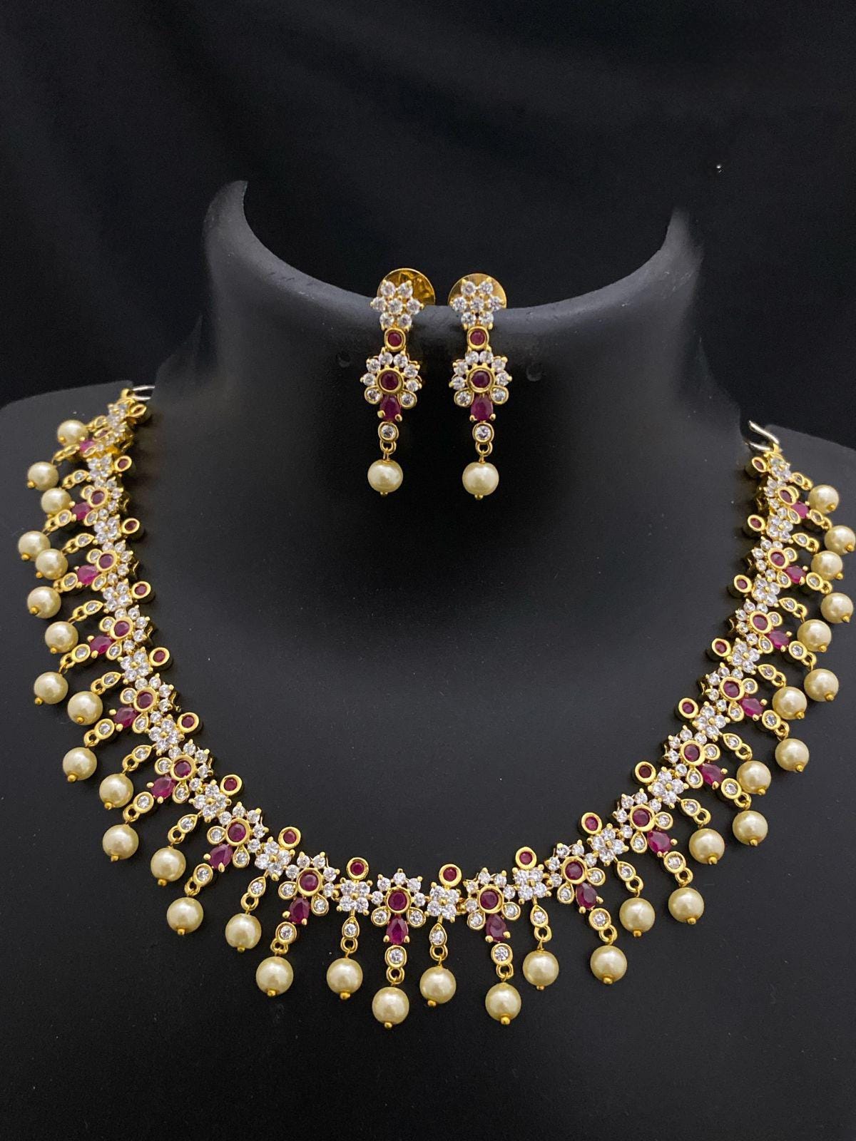 Gold Plated AD stone Ruby & Pearl Necklace Set with Earrings| Gift for her Indian jewelry| American Diamond Necklace| collar choker necklace