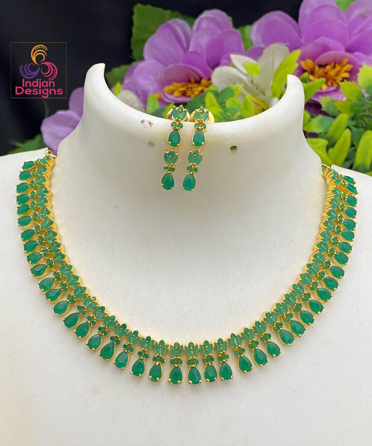 Gold Plated Ruby Emerald AD Stone choker| Indian Wedding Jewelry| Teardrop & Marquise Stones American Diamond Wedding Jewelry| Gift For her