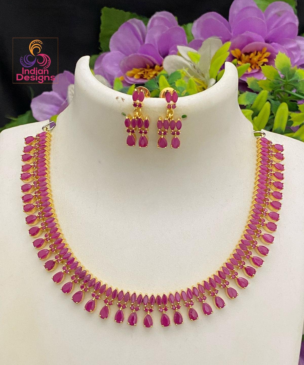 Gold Plated Ruby Emerald AD Stone choker| Indian Wedding Jewelry| Teardrop & Marquise Stones American Diamond Wedding Jewelry| Gift For her