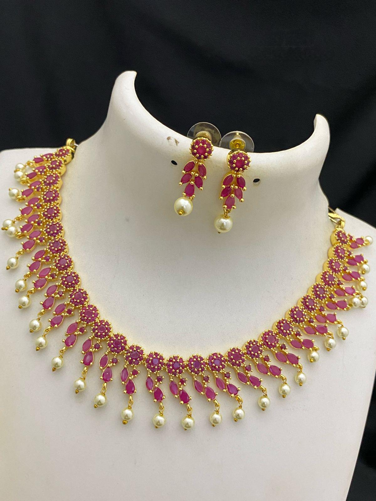 American diamond necklace set | Indian bridal necklace set online | gold-plated AD necklace set with earrings | Multi color crystal necklace