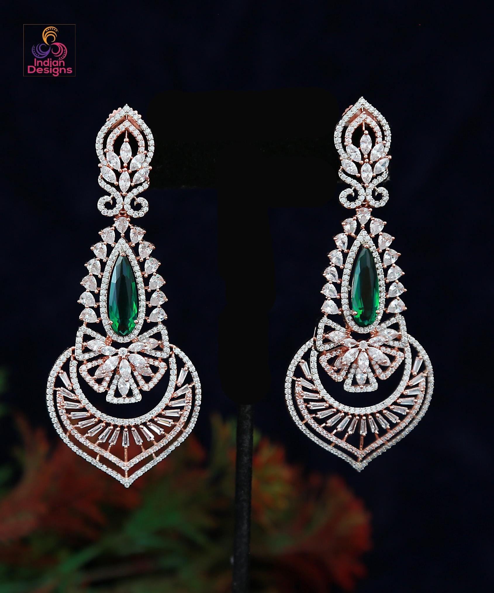 American Diamond Long Chandelier Earrings| Rose Gold Plated| Emerald/Pink/Red/Mint Drop Statement Bridal Party Wear Earrings| Gift for Her