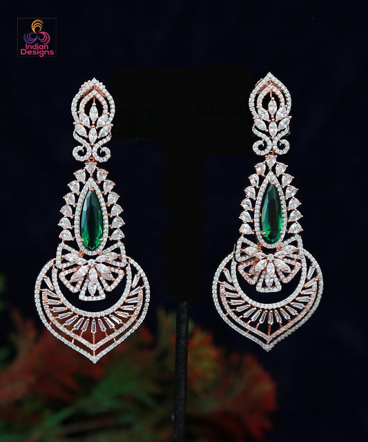 American Diamond Long Chandelier Earrings| Rose Gold Plated| Emerald/Pink/Red/Mint Drop Statement Bridal Party Wear Earrings| Gift for Her