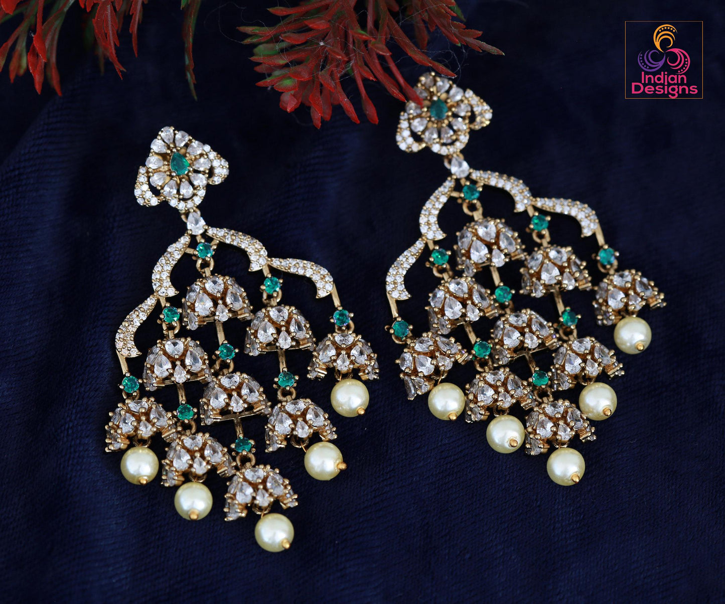 Indian Jhumka Earrings| Dull Gold AD Stone Dangle Chandbali| Pearl Drop Wedding & Festive Jewelry| Statement Earrings| Wedding Earrings