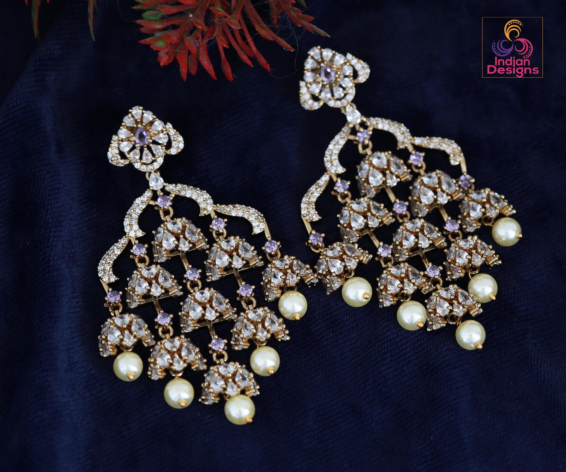 Indian Jhumka Earrings| Dull Gold AD Stone Dangle Chandbali| Pearl Drop Wedding & Festive Jewelry| Statement Earrings| Wedding Earrings