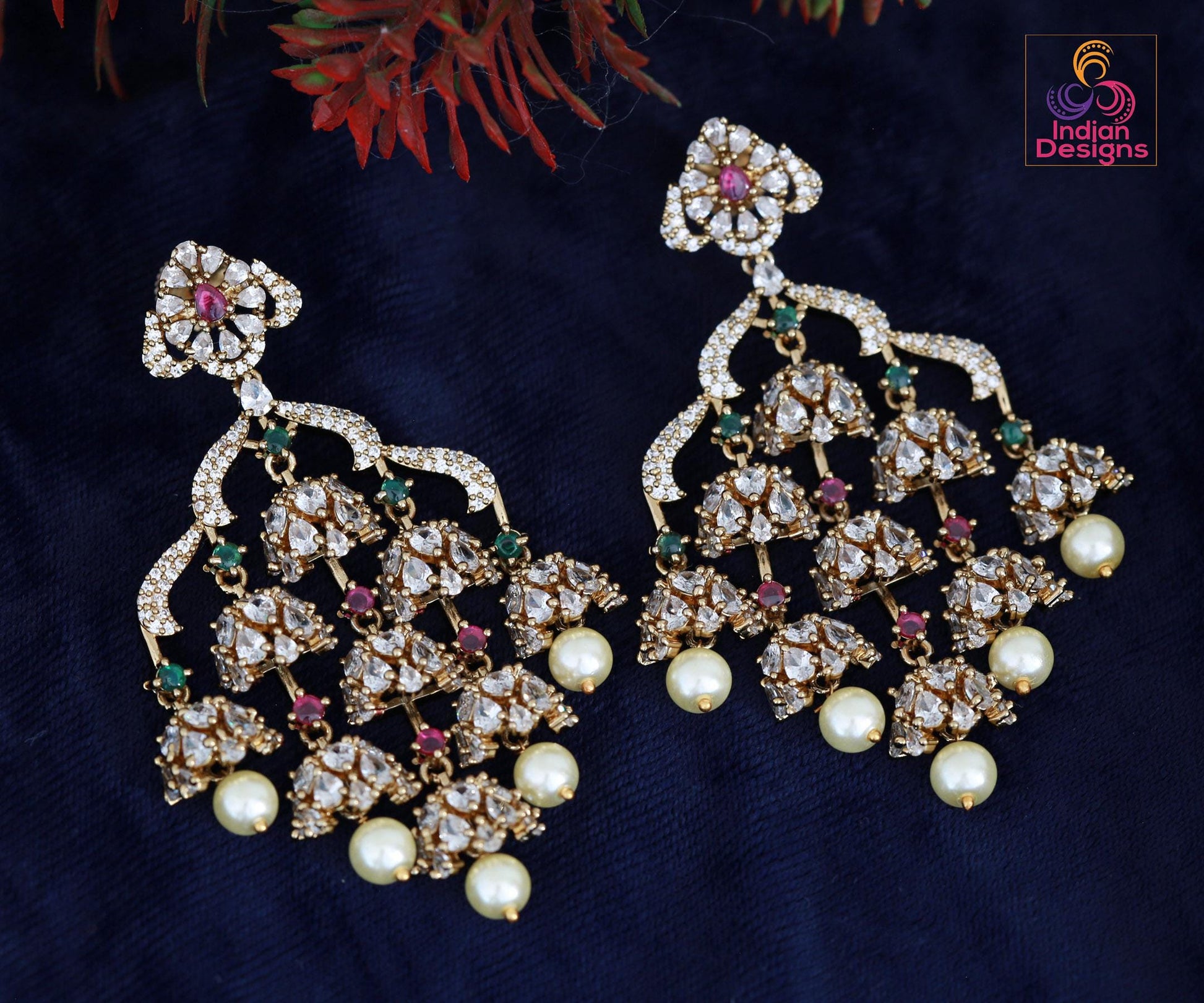Indian Jhumka Earrings| Dull Gold AD Stone Dangle Chandbali| Pearl Drop Wedding & Festive Jewelry| Statement Earrings| Wedding Earrings