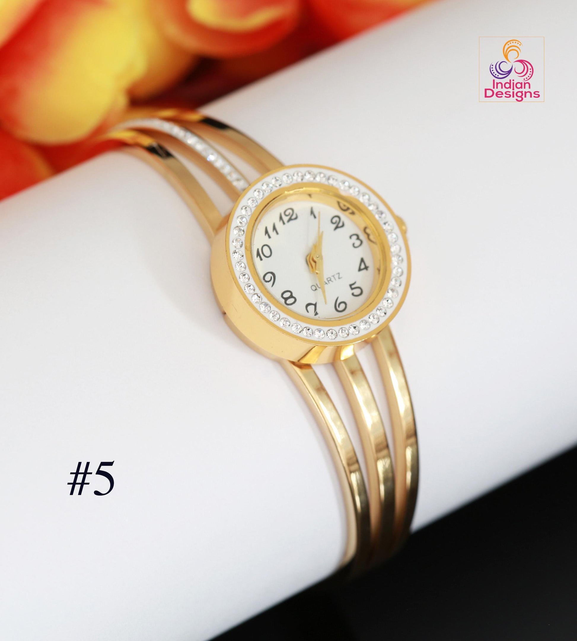 Gold Plated Cuff Bracelet Watch| AD Stone Analog Bangle| Multi-Color Ruby Emerald Statement Watch| Statement Watch| Indian Wedding Gift