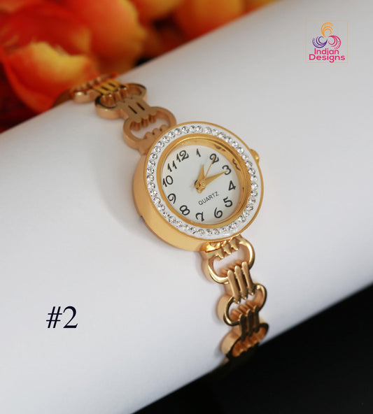 Gold Plated Cuff Bracelet Watch| AD Stone Analog Bangle| Multi-Color Ruby Emerald Statement Watch| Statement Watch| Indian Wedding Gift
