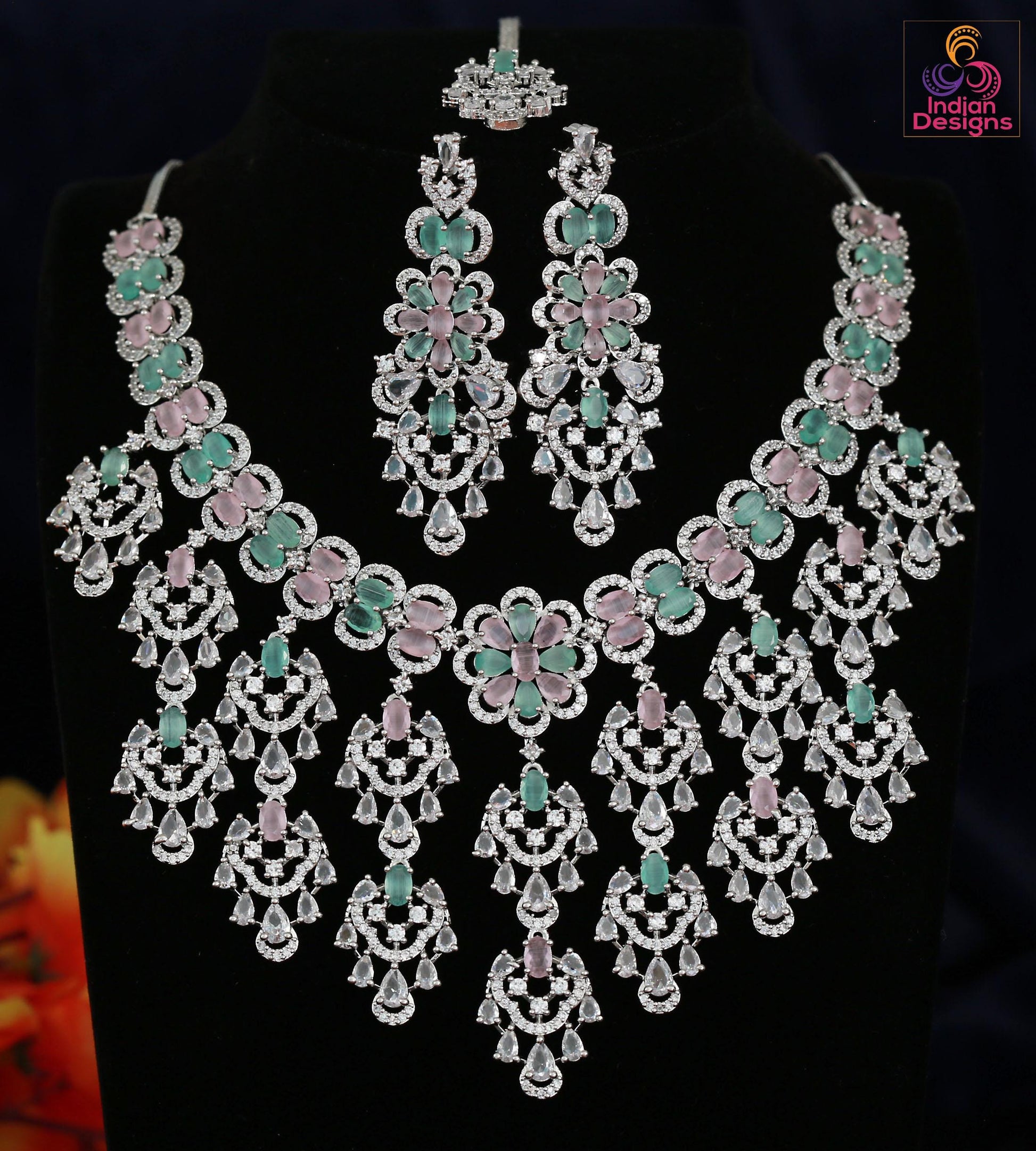 Wedding Choker Necklace Set with Earrings & Maang tikka| Pink Stone CZ Bridal Jewelry| American Diamond Statement Necklace| Party wear set